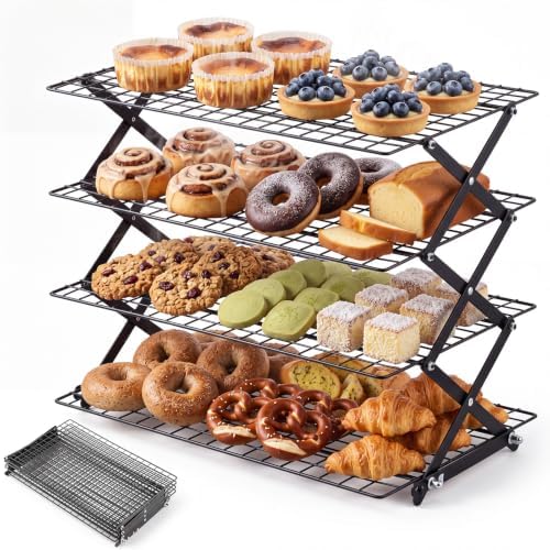 INNOVATIVE LIFE 4-Tier Collapsible Cooling Rack with 3-Setting Adjustable Design, Space Saving Metal Food Display Stand, Stackable Multi-Purpose Roasting Cooling Rack for Baking Cooking Cookies Picnic