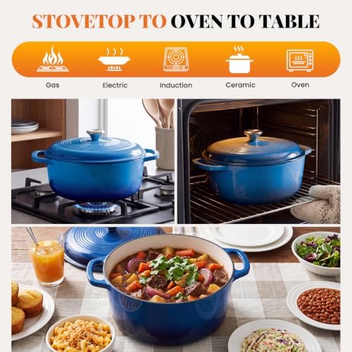 Sweetcrispy 6 Qt Enameled Cast Iron Dutch Oven Pot with Lid, Blue