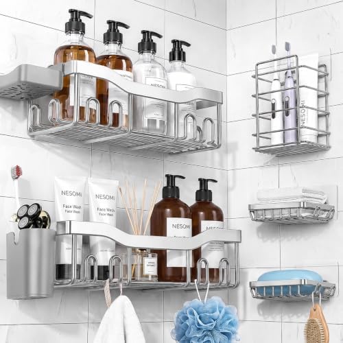 NESOMI Shower Caddy Adhesive Shower Organizer 7-Pack, Rustproof Stainless Steel Bathroom Shelves, Large Capacity No-Drill Rack Storage Accessories with Soap Dish Toothbrush Holder Hooks