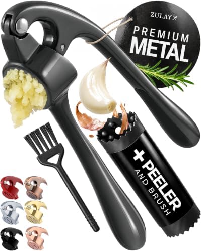 Zulay Kitchen Premium Garlic Press Set - Rust Proof Professional Garlic Mincer Tool - Easy-Squeeze, Easy-Clean with Soft, Ergonomic Handle - Silicone Garlic Peeler & Brush-Dark Gray