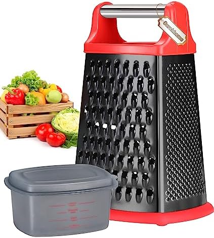Ourokhome Cheese Grater with Handle, Stainless Steel Box Grater, 4 Side Kitchen Vegetable Shredder Slicer Zester with Container for Parmesan, Cabbage, Ginger, Lemon, Chocolate, Coconut (Red and Black)