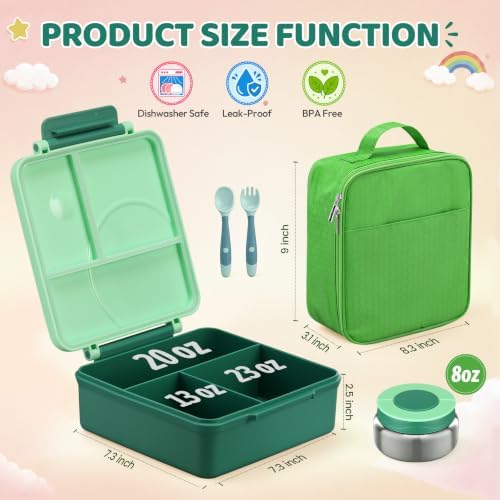 Itslife Bento Lunch Box for Kids with 8oz Soup Thermo&Lunch Bag, Leak-Proof Lunch Food Containers with 4 Compartment, Hot Food Insulated Food Jar for Kids School (Green)