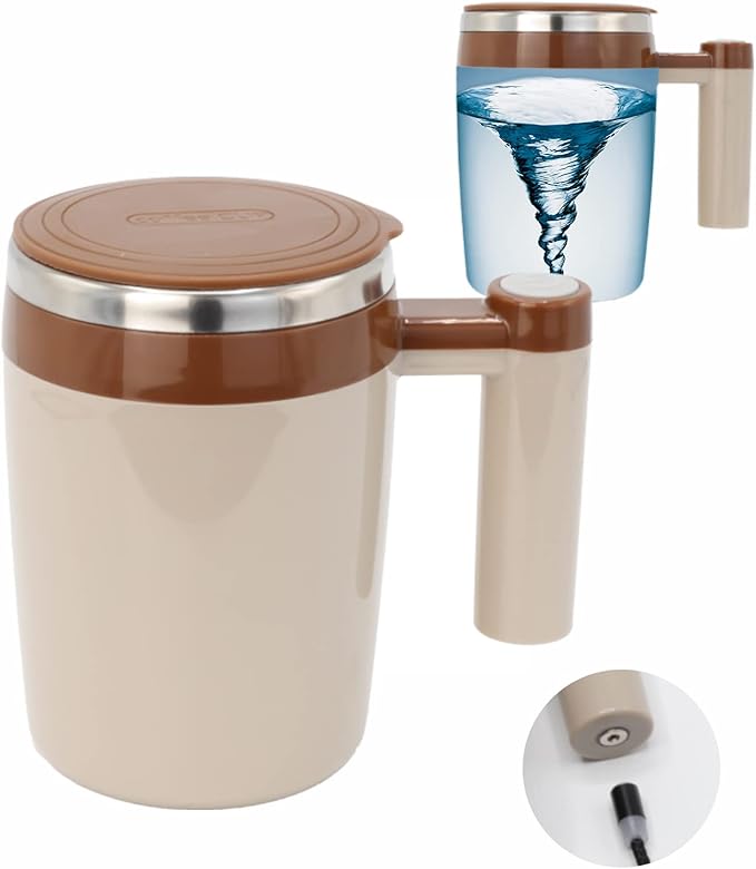 Rechargeable Self Stirring Mug - Magnetic Electric Auto Mixing Stainless Steel Cup for Office/Kitchen/Travel/Home Coffee/Tea/Hot Chocolate/Milk-430 ml/14.5 oz(Brown)