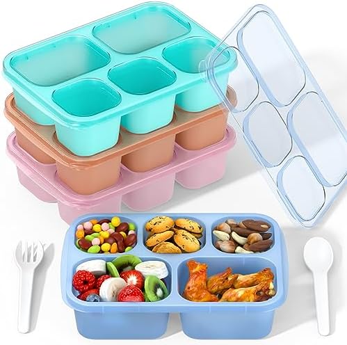Bento Box Adult Lunch Box - 4 Pack, 5 - Compartment Meal Prep Container for Kids, Reusable Food Storage Snack Containers - Stackable for School, Work, and Travel (Transparent(Blue/Pink/Green/Yellow))