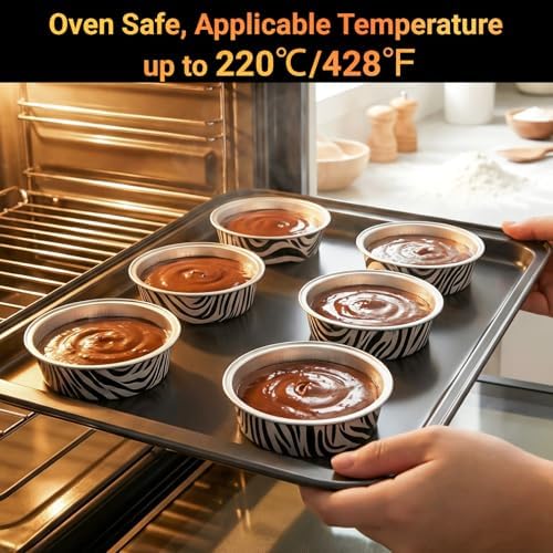 Beasea Disposable Baking Cups, 100 Pack 7.3oz 215ml Aluminum Foil Ramekins Only, 4" Mini Tart Pie Cups No Lids Baking Tin Ramekin for Party Cupcake Cheesecake Pie - Zebra Stripes