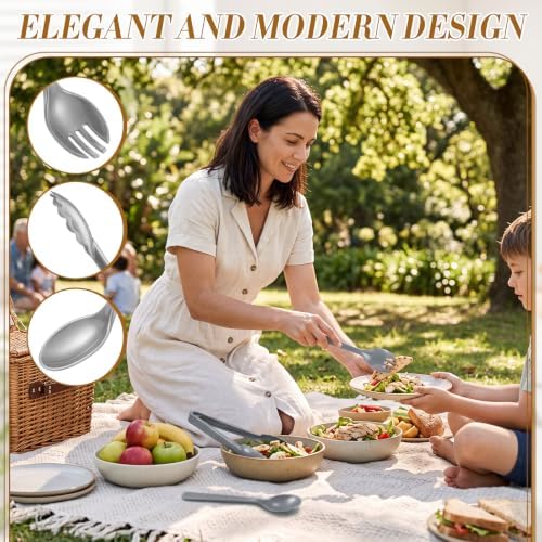 FoldTier 36 Pcs Disposable Plastic Serving Utensils Set Silver Serving Spoons Forks Tongs, Disposable Utensils for Party Weddings Birthday Dinner Buffets Banquets