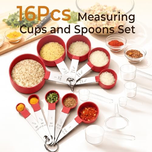 16PCS Measuring Cups and Spoons Set, Measuring Spoon Set with Metric and US Measurements, Fits for Measuring Dry and Liquid (Red)