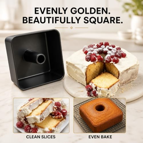 One-Piece Square Tube Cake Pan, 18 Cup, Anodized Aluminum, 9 x 9 x 4.5 in, Seamless Design, Easy Release, Even Heat, for Angel Food, Chiffon, Sponge, Mile High & Pound Cakes (Black)