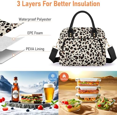 Lunch Bag Large Insulated Lunch Box for Women Adult Cute Lunchbox Lunch Bags Boxes Pail with Shoulder Strap for Work Mom Picnic Office Travel 11.4×6.8×9.1 inches 11.5L (Leopard)