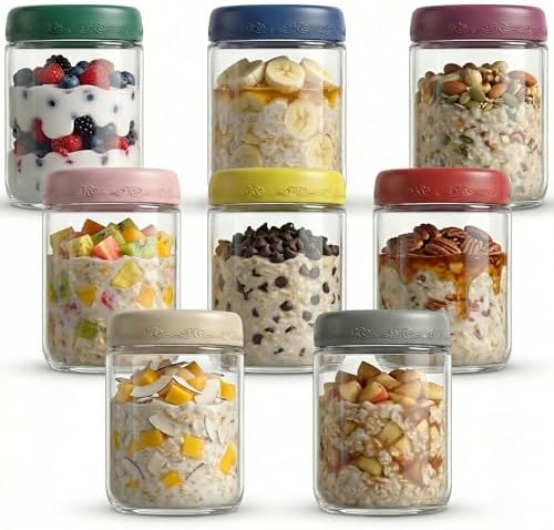 16 OZ Overnight Oats Jars with Lids 8 Pack, Glass Meal Prep Containers, Reusable Food Storage Jars, Airtight Mason Jars for Breakfast, Yogurt Parfait, Salad, Smoothies(8 Pack)