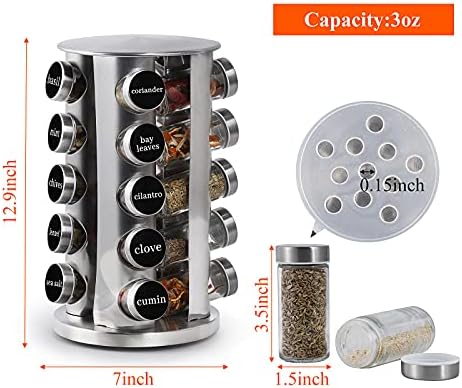 DOUBLE 2 C Revolving Spice Rack with 20 Jars, Rotating Spice Rack Organizer, Seasoning Organizer with Labels, Stainless Steel Spice Carousel for Kitchen Countertop, Cabinet
