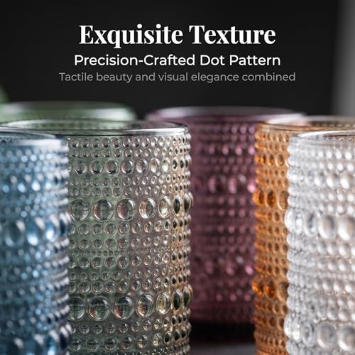 Mfacoy Colored Hobnail Drinking Glasses Set of 6, 10oz Vintage Kitchen Glassware, Embossed Beaded Glass Cups, Water Glasses, Beaded Colorful Water Tumbler for Cocktail, Juice and Various Mixed Drinks