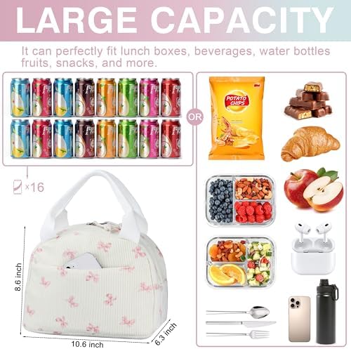 TESAFNG Lunch Bag - Insulated Lunch Box for Women, Reusable Large Capacity Cooler Bag for Adult, Small Leakproof Cute Corduroy Lunch Tote for Work Office Travel Picnic (Pink Bow)