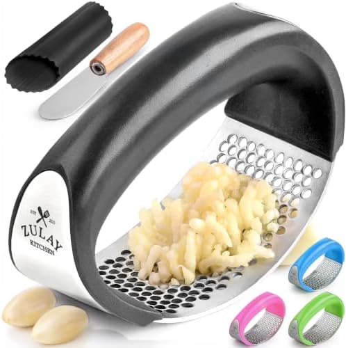Zulay Kitchen Stainless Steel Garlic Press Rocker Set - Premium Garlic Mincer Garlic Crusher - New Innovative Garlic Crusher with Peeler and Scraper - Comfortable Grip (Black)