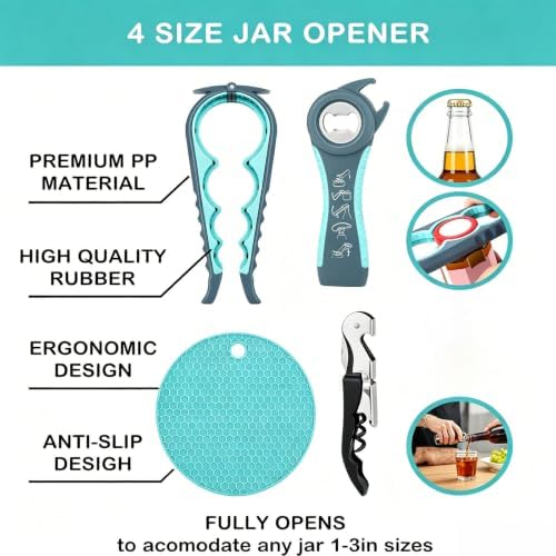 BoAn 5 in 1 Multi Function Jar & Bottle Opener Kit, Non-Slip Silicone Ergonomic Handle Labor Saving Lid Remover, Easy Twist Kitchen Tool for Seniors, Arthritis Sufferers, Weak Grip Hands & Kids