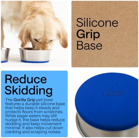 GORILLA GRIP Dog Bowls, Food Grade Stainless Steel, Set of 2, 2 Cup, Blue