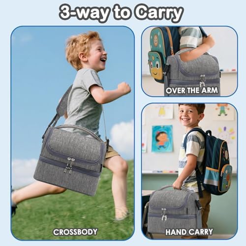 FlowFly Double Decker Cooler Insulated Lunch Bag Large Tote for Boys, Girls, Men, Women, With Adjustable Strap (Grey)