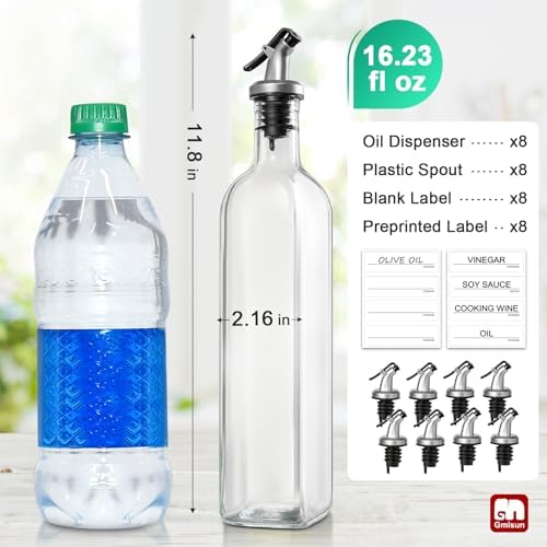 gmisun Olive Oil Dispenser Bottle for Kitchen, 8 Pack 17 Fl Oz Glass Oil Dispensers Bottles, Clear Cooking Vegetable Oil Dispenser Container Cruet Set with Plastic Pourer Spout, Funnel and Labels