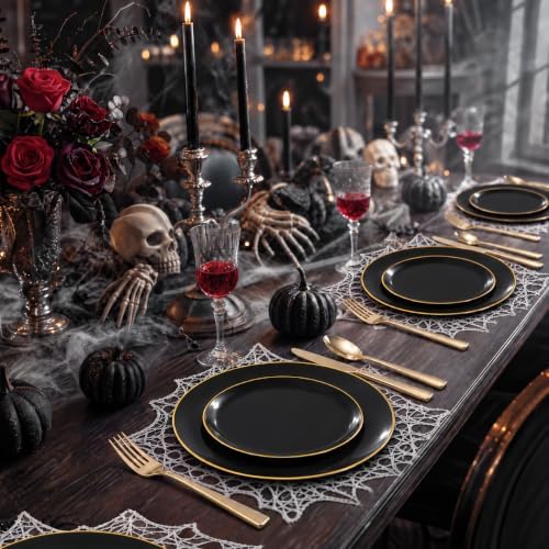 KIRE 100PCS Black and Gold Plates - Black Plastic Plates Disposable with Gold Rim Include 50Pcs 10.25inch Dinner Plate and 50Pcs 7.5inch Dessert/Salad Plate for Party/Wedding/Halloween/New Year