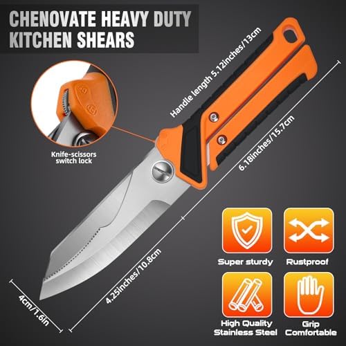 Chenovate® Heavy Duty Kitchen Scissors,Kitchen Shears with Knife & Scissor Switch Lock,Food Scissors Fit for Poultry Bones,Turkey,Meat Cutting,Veggies,Fish,Pizza(green)