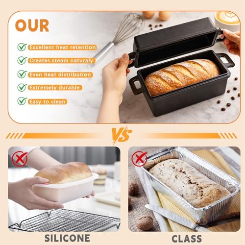 9×5 in Cast Iron Loaf Pans with Lids Even Heat Distribution for Baking Bread, Non-Stick Bread Pans for Homemade Sandwich and Sourdough Bread