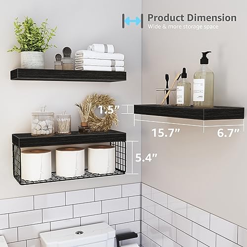 QEEIG Bathroom Shelves Over Toilet Wall Mounted (Black, Set of 3, 15.7")