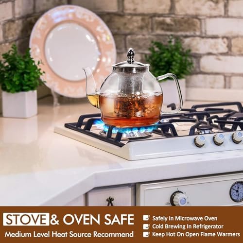 HIWARE 1500ml Glass Teapot with Removable Infuser, Stovetop Safe Tea Kettle, Blooming and Loose Leaf Tea Maker Set