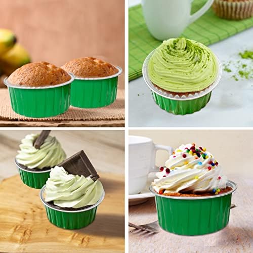 100Pcs Aluminum Cups with Lids,5oz Disposable Ramekin Baking Cups Muffin Liners Mini Pie Pans Foil Cupcake Containers for Christmas Party Wedding Party,Green