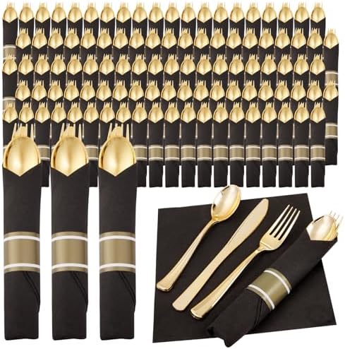 Supernal 120Pack Pre Rolled Black and Gold Plastic Silverware Set