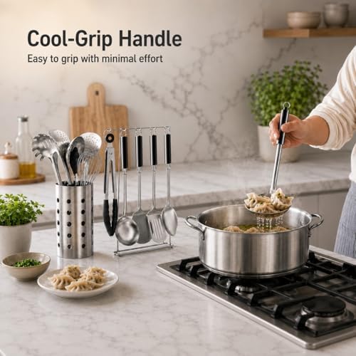 Pleafind Cooking Utensils Set - 9 PCS Stainless Steel Kitchen Utensils Set with Utensil Holder, Heat Resistant Wok Utensils Set, Kitchen Tools Set with Spatula, Ladle, Slotted Spoon, Dishwasher Safe