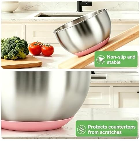 Mixing Bowls with Clear Airtight Lids, 3-Piece Stainless Steel Set, Pink