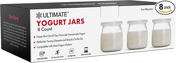 Ultimate Yogurt Jars - Make More Delicious Yogurt! 8 Count Small Glass Yogurt Cups With Lids - 100% BPA Free, Airtight & Dishwasher Safe! Perfect Containers for Yoghurt, Oatmeal, Pudding, or Jello