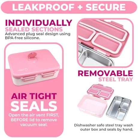kinsho Stainless Steel Bento Box Lunch Container for Kids Adults, Pink