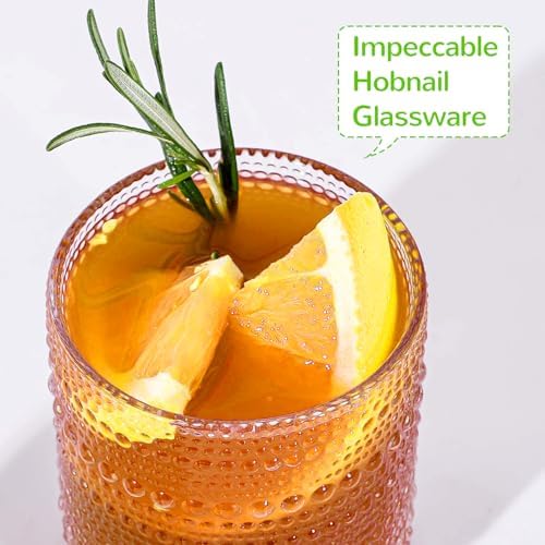 Hobnail Drinking Glasses with Bamboo Lids and Glass Straw 4Pcs Set - 14oz Vintage Glass Cups, Water Glasses, Iced Coffee Glasses, Cute Tumbler Cup, Ideal for Cocktail, Whiskey, Gift - Cleaning Brushes