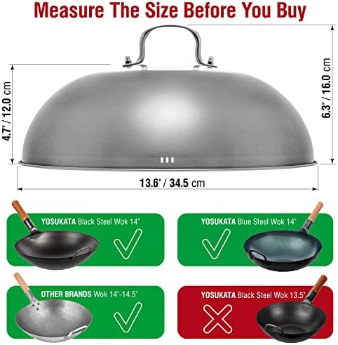YOSUKATA Carbon Steel Wok Pan - 14 “ Woks and Stir Fry Pans PLUS 17" Wok Spatula and Ladle Skimmer Spoon PLUS Wok Lid 13.6 Inch