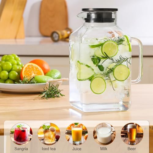 1 Gallon Square Glass Pitcher with Lid and Spout, Borosilicate Glass Carafe for Hot/Cold Drink, Water Pitchers with Handle for Fridge, Extra Large Jug for Iced Tea, Coffee, Juice, Beverage, Black