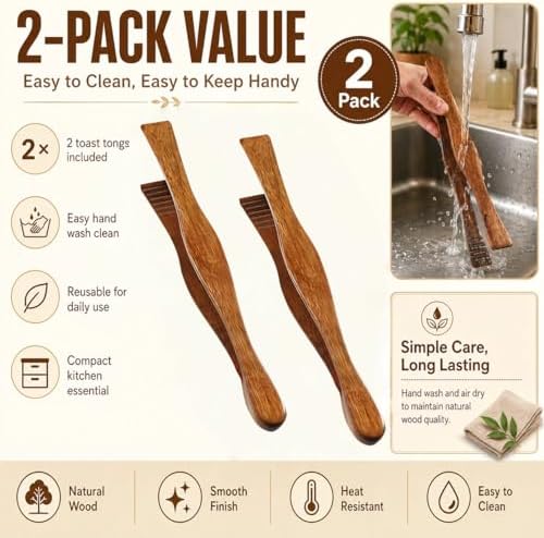 2 Pieces Wooden Toast Tongs 10.4" Reusable Bread Steak Kitchen Clamp Serving Tool Natural Wood Cooking Tong for Cooking and Holding Toast Cheese Bacon Muffin Fruits Bread BBQ