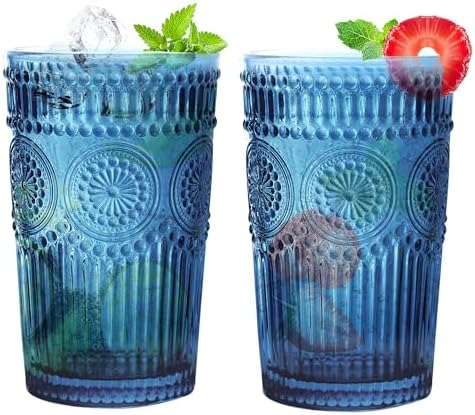 Loivttvv 6pcs Vintage Drinking Glasses Set, 12 oz Blue Highball Glasses, Embossed Ribbed Glassware Cups for Cocktail, Water, Juice, Coffee, Whiskey