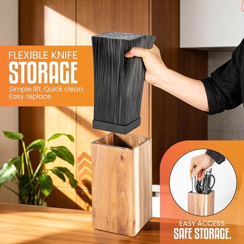 Acacia Wood Angled Knife Block with Multi-Purpose Holder – Universal Kitchen Knife Storage with Removable Bristle Insert (Honey brown, regular medium)