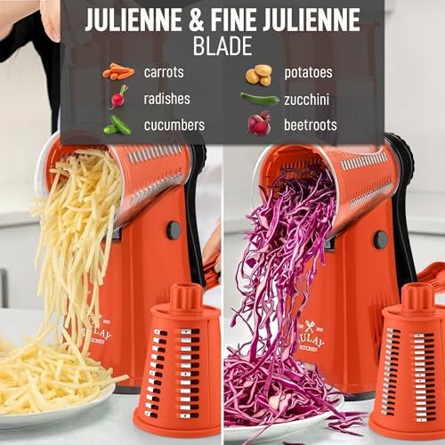 Rotary Cheese Grater Manual Hand Crank 5 Blade Shredder, Orange & Black