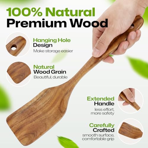 AIUHI 12.5" Teak Wood Spatula for Cooking, Non-Stick Safe Wooden Turner with Comfortable Ergonomic Handle, Easy to Clean & Long-Lasting Flat Frying Spatula, Ideal for Flipping Eggs, Pancakes & Fish