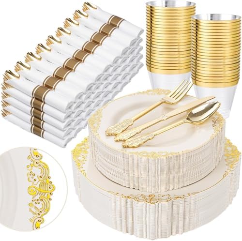 Nervure 350Pcs Ivory Plastic Plates, Plastic Dinnerware Set for 50 Guests