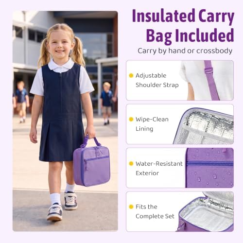 Bento Box for Kids with Thermo Food Container (9oz), 4-Compartment Lunch Box, Adjustable Divider, Leakproof Bento Lunch Box, Includes Utensils & Carry Bag for School, Office(Purple)