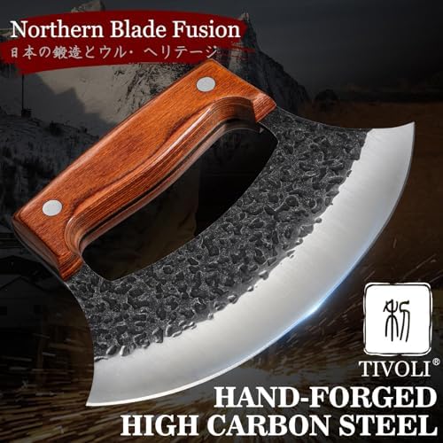 TIVOLI Hand Forged Ulu Knife - Mezzaluna Rocker Knife - Pizza Cutter
