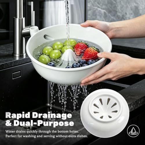 Ceramic Berry Washing Bowl with Auto-Spin Swirl Drainage