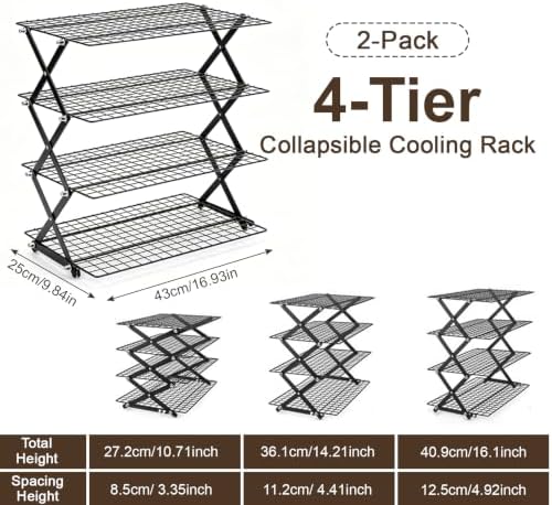 2 Pack Collapsible Cooling Rack, 4 Tier Stainless Steel Baking Rack