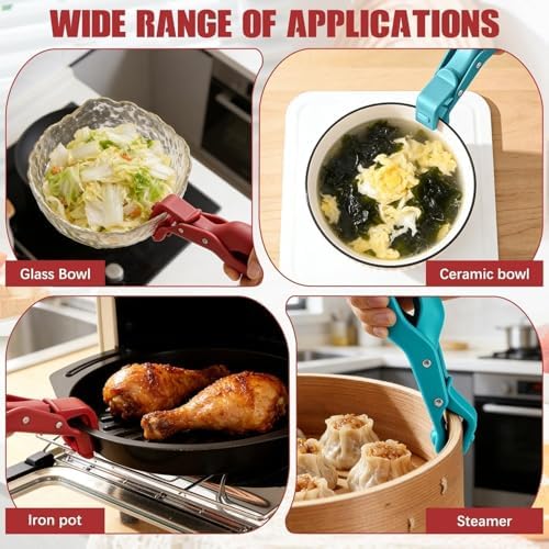 4PCS Hot Plate Gripper Tong, Dip Clips for Plate, Bowl Holder for Hot Food, Anti Scald Bowl Holder Clips for Kitchen (Red + Blue)