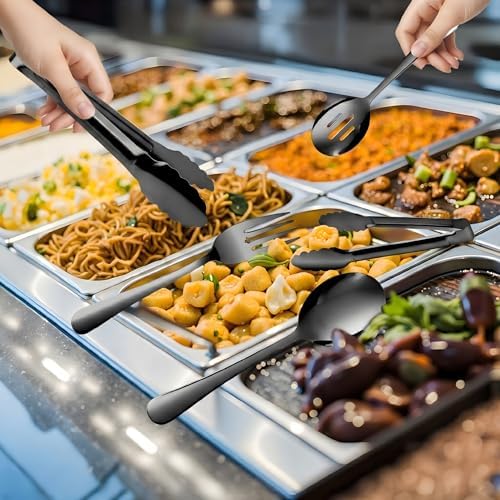 14PCS Serving Utensils - Hostess Serving Utensils Set, Premium Stainless Steel 8.7 inch Serving Utensils, Slotted Spoons, Forks, Tongs, Cake Pie Server for Buffet, Wedding, Dinner (Black)