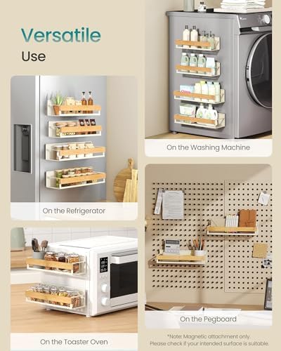 SONGMICS 4-Pack Strong Magnetic Real Bamboo Spice Racks for Fridge