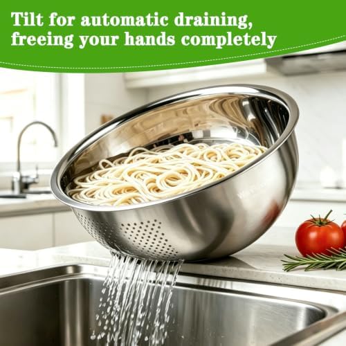 Rice Washer Strainer Bowl, 4 QT Stainless Steel Colander with Side Drainer